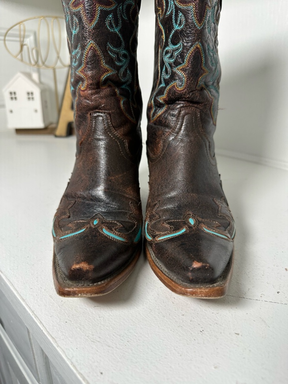 Corral Boots Womens 7M Brown Turquoise Inlay Western Cowboy Boots Embroidered - Picture 4 of 9